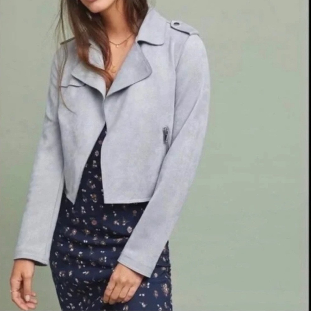 Anthropologie Soft Faux Suede Cropped Jacket Blue Grey SZ S